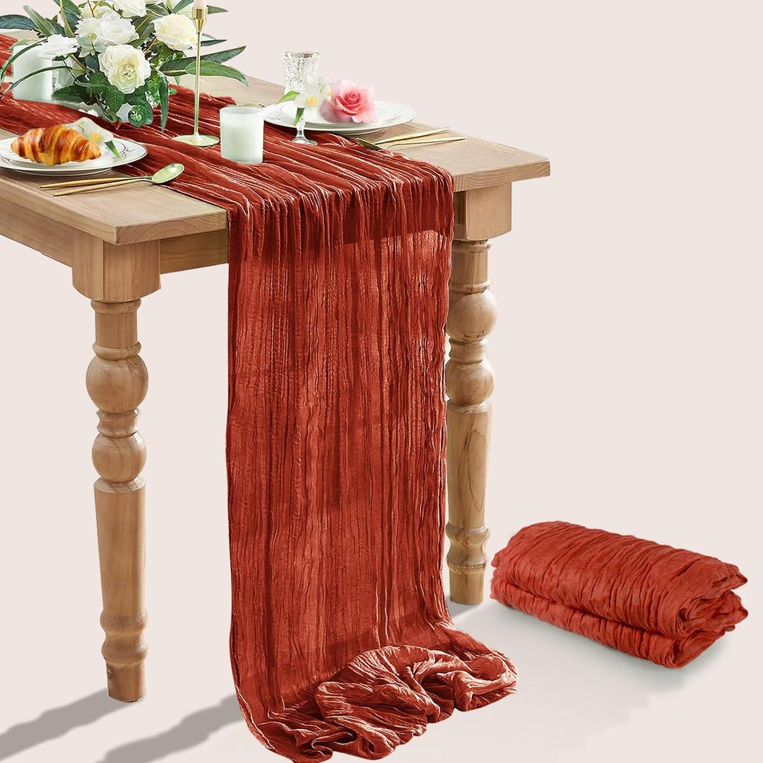 2 Packs Cheesecloth Table Runner, TISEMENT 35''x 120'' Wrinkled Gauze Cheese Cloth Table Runner Boho, Romantic Centerpieces for Tables ,Versatile Tablecloth for Wedding/ Party Decorations (Terracotta)