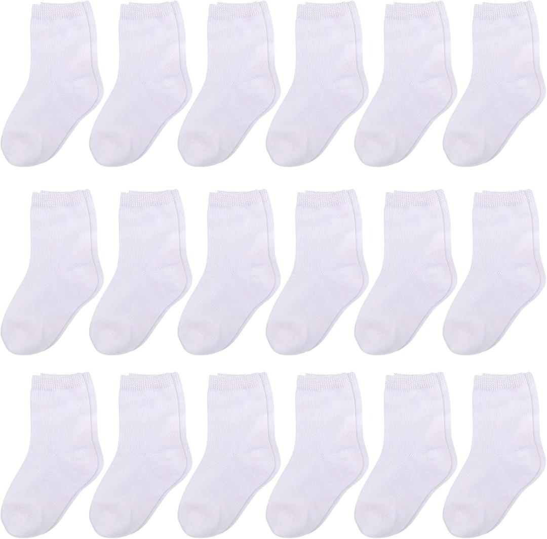 Duufin 18 Pairs Toddler Kids Socks Mid Cut Unisex Half Cushion Cotton Crew Socks for Toddler Boys Girls (2-4T, White)