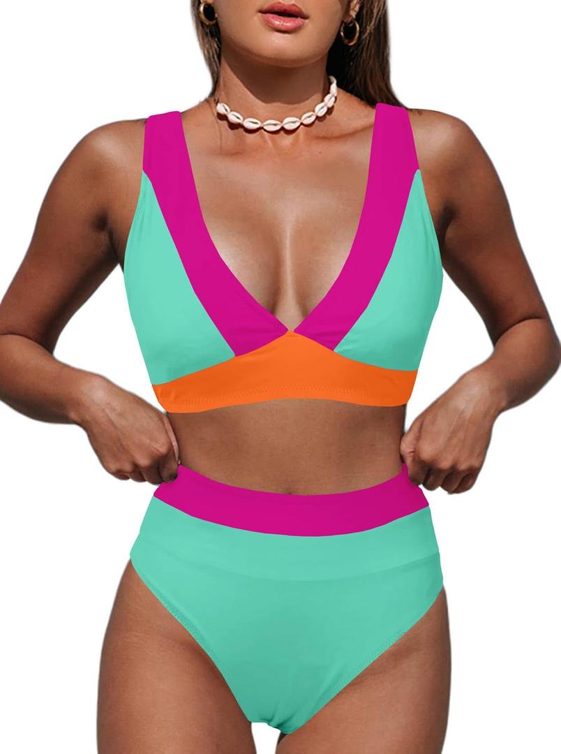 Hilinker Women's Leopard Bikini Swimsuits V Neck High Waisted 2 Piece Bathing Suits (M)