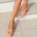 ISNOM Narrow Feet Nude Platform Heels for Women Comfy Strappy Heels Short Block Chunky Sandals Ankle Strap Simple Summer Heeled Sandals Square Open Toe for Wedding Work Party Dress Prom Size 10 (Beige, M)