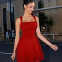 GOKATOSAU Women's Square Neck Sleeveless Bodycon Ruched Waist Flowy A-Line Ruffle Hem Mini Dress Red (Red, L)