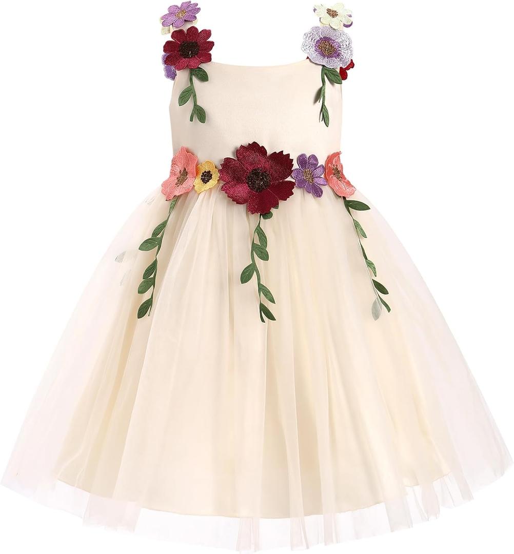 IDOPIP Toddler Baby Embroidery Flower Girl Dress for Kids Wedding Pageant Party Prom Gown Communion Birthday Tulle Dresses 7-8Y