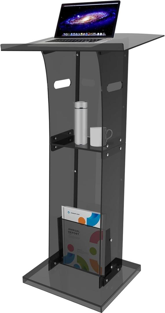 Acrylic Podium Stand with Storage Shelf, Segmented Black Lecterns &  Podiums, Pulpits for Churches, Conference, Speeches, Wedding, Classroom, Concert, 47" H Professional Presentation Podiums