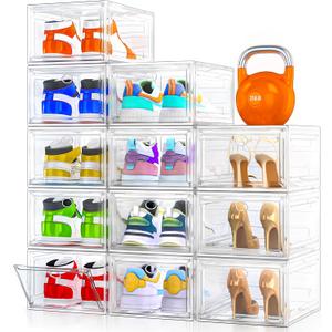 12 Pack Clear Shoe Storage Organizer with Magnetic Door, Stackable Plastic Shoe Boxes for Sneakers, Boots, and Heels, Space-Saving Foldable Shoe Rack for Closet, Durable Shoe Cabinet Organizer, White