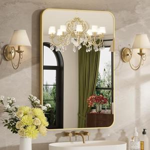16"x20" Bathroom Mirror for Over Sink, Brushed Gold Rectangle Vanity Mirror | Aluminum Alloy Frame, Clear Reflection, Rust-Resistant, Vertical or Horizontal, Wall Mount, Bedroom and Entryway