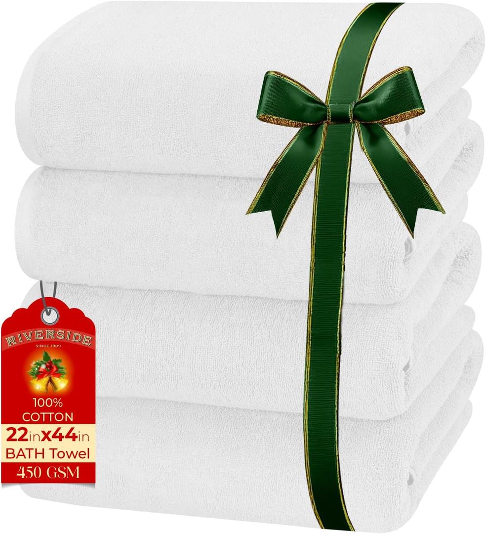 RIVERSIDE 100% Ring-Spun Cotton Bath Towels Set of 4 22 x 44 - Soft, Quick Dry & Highly Absorbent Towels for Shower & Bathroom - 450 GSM Lightweight Cotton Towels for Spa, Gym, Hotel- (White)