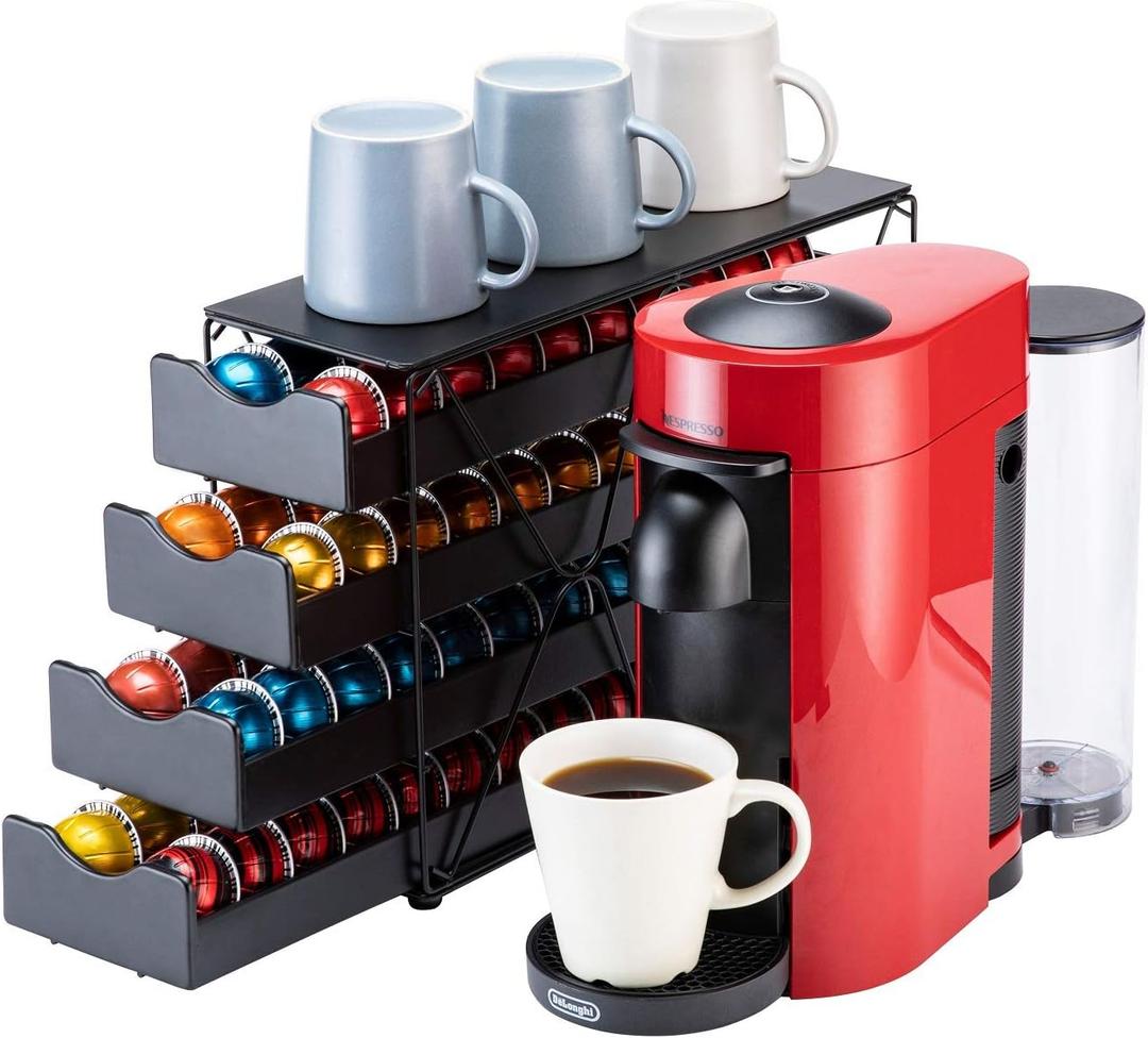 FlagShip for Nespresso Pod Holder Drawer Large Mullti Tier Coffee Pod Holder Vertuo (4 Tier (80Pods Capacity)) Black - 15.6"L x 5.4"W x 11.2"H