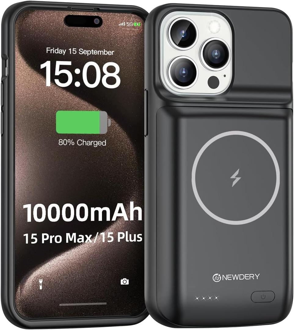 NEWDERY 10000mAh Battery Case for iPhone 15 Pro Max/Plus, USB C Qi Wireless Charging,Portable Protective Charger Case Battery Pack