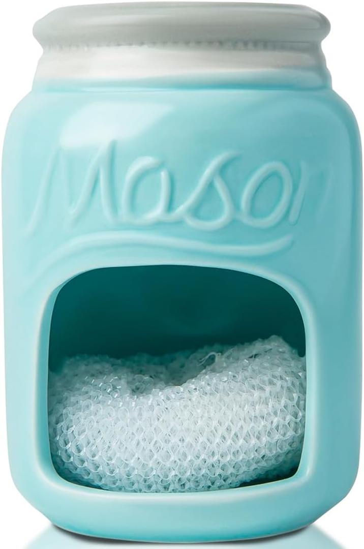 Comfify Ceramic Kitchen Sponge Holder - Farmhouse Style Sink Caddy - Mason Jar Decorative Kitchen Accessory - Country Rustic Sink Decor - Includes Free Sponge - Aqua Blue