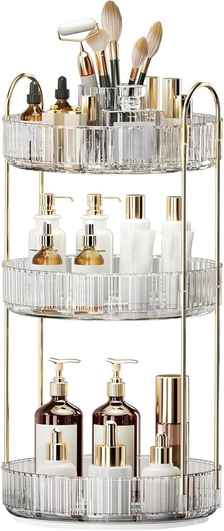 360 Rotating Makeup Organizer, Large-Capacity Skincare Make Up Storage 3 Tier Perfume Organizers Cosmetic Dresser Organizer with Makeup Brush Holder, Fits Bedroom, Bathroom, Vanity Shelf Countertop (Transparent)