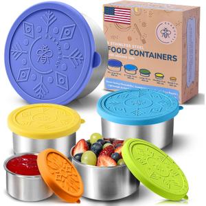 Everusely - Stainless Steel Containers with Lids - Set of 5, Summer Collection - Leakproof Stainless Steel Food Containers - Nesting Snack Holders - Metal Lunch Box - Portable & Reusable Meal Kit