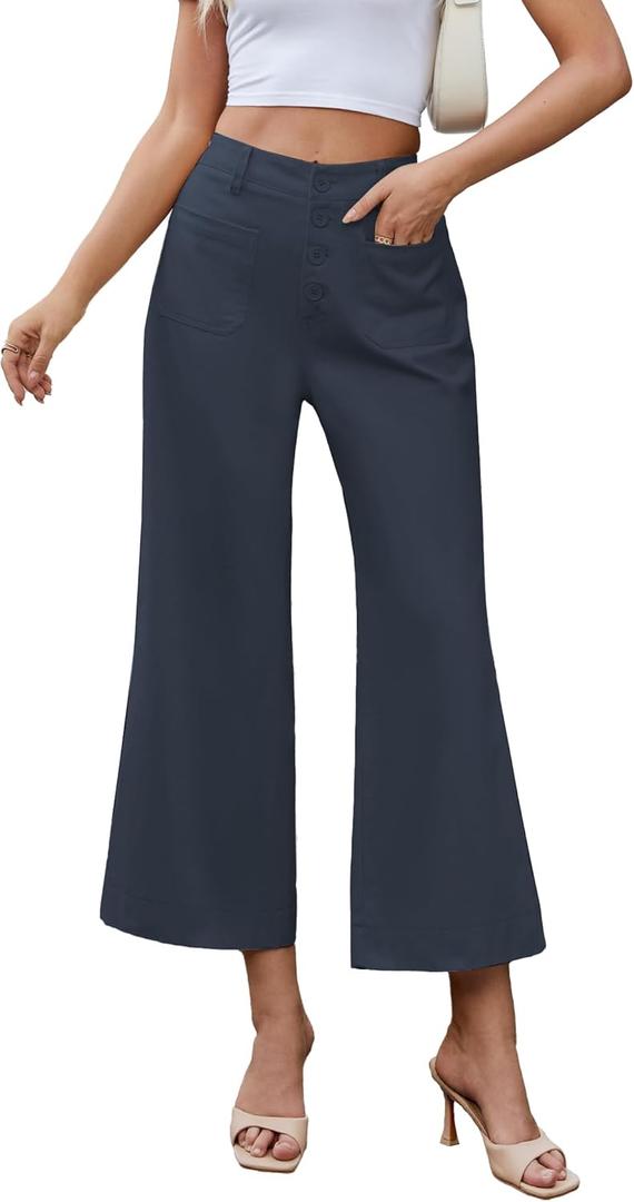 Famulily Womens Button Down Wide Leg High Elastic Waisted Capri Pants Casual Dressy Cropped Pants with Patch Pockets (Medium, Navy)