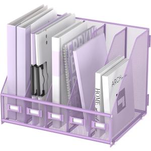 SUPEASY Desk Organizers Metal Desk Magazine File Holder with 5 Vertical Compartments Rack File Organizer for Office Desktop, Home Workspace, Purple (Small)
