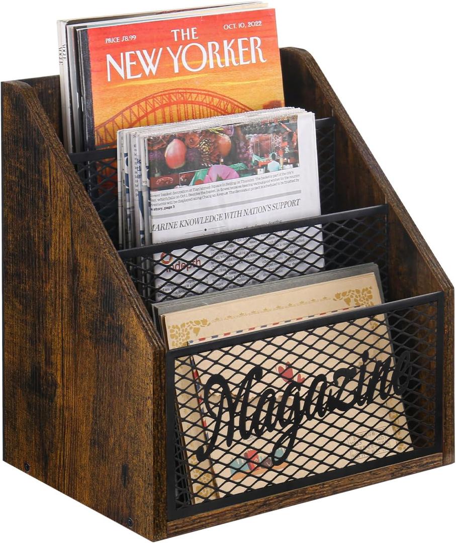 YINMIT Magazine Holder, Stepped 3 Tier Magazine Rack Floor, Magazine Storage Basket, Folder Organizer Bin for Magazines,Books,Newspapers,Tablets (Rustic Brown)