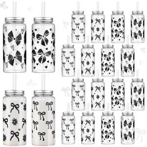 24 Pcs Coquette Bow Aesthetic Cup Pink Bow Plastic Tumbler with Lids and Straws Reusable Cute Plastic Cups for Women Birthday Bridal Shower Wedding Party Supplies(Black,13.5oz)