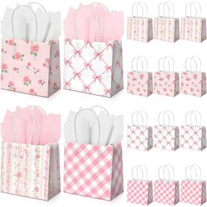 Silkfly 24 Pack Mini Pink Floral Gift Bags with Handles Mother's Day Tissue Paper Small Spring Flower Candy Goodie Bags for Tea Bridesmaid Birthday Wedding Baby Shower Party, 5x5x3inch