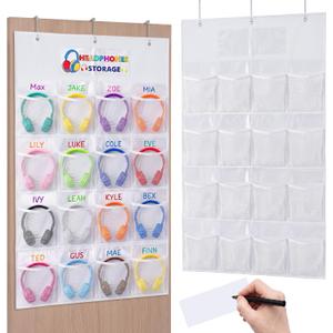 AmazingSpark 1 Pcs 16 Pockets Classroom Headphone Storage Thickened Non-Woven Fabric Mesh Pocket Chart Headphone Organizer with Signature Card Wall Hanging for Classroom School (41 x 25 Inch,White)