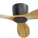 Flush Mount Ceiling Fan no light with Remote, 52 inch Low Profile Wood Ceiling Fan without light for Outdoor, Bedroom, Natural Wood and matte Black, DC Motor, 6 Speed