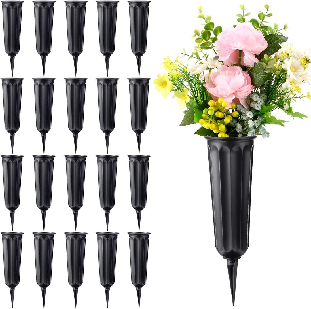 20 Pack Cemetery Vases with Spikes,Plastic Vases for Flowers,Grave Decorations for Cemetery,Grave Flower Holder,Memorial Floral Vase(Black)