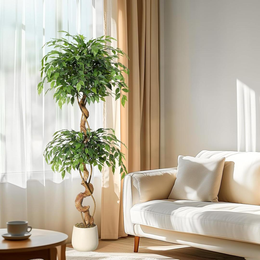 GarveeHome Ficus Artificial Tree with Curved Trunk5 ft Faux Plant Fake Silk Trees with White Pot, Fake Ficus Tree for Home Decor, Artificial Plants Indoor for Office Living Room