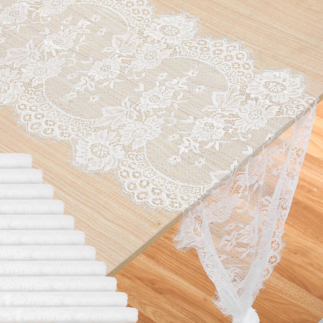 cobee 12 Pcs White Lace Table Runners, 14 x 120 Inch Rustic Embroidered Boho Table Runner Vintage Floral Wedding Decoration for Bridal Shower Vintage Party Decor
