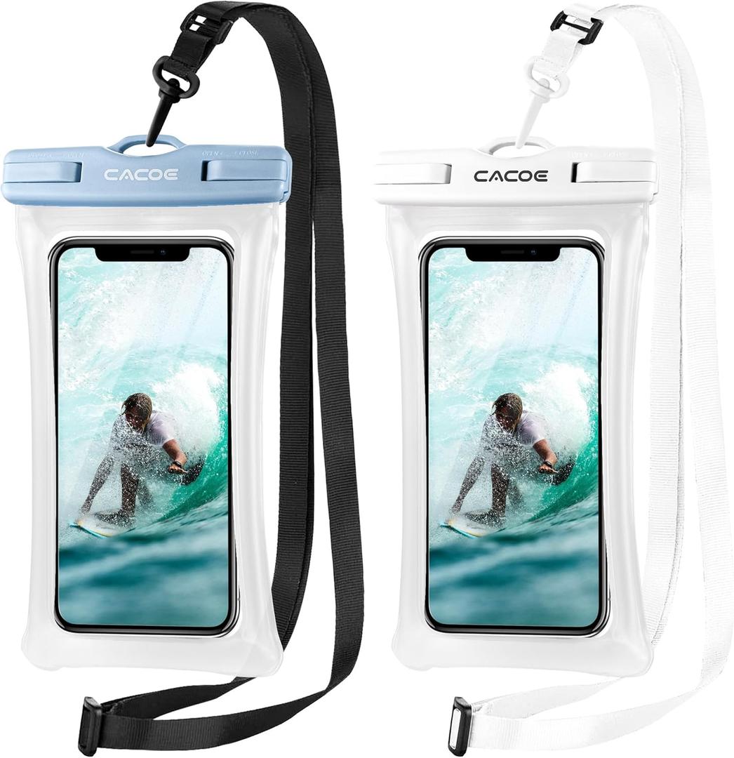 CACOE [Floatable] Floating Universal Waterproof Phone case 2 Pcs-Up to 7.0",Waterproof Phone Pouch with Adjustable Neck Lanyard,IPX8 Cellphone Dry Bags for Beach Pool SwimmingWhite+Blue