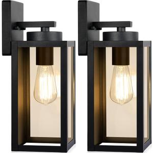Outdoor Wall Light Fixtures, Exterior Waterproof Lanterns, Porch Sconces Wall Mounted Lighting with E26 Sockets & Glass Shades, Modern Matte Black Wall Lamps for Patio Front Door Entryway, 2-Pack (12.8inch)
