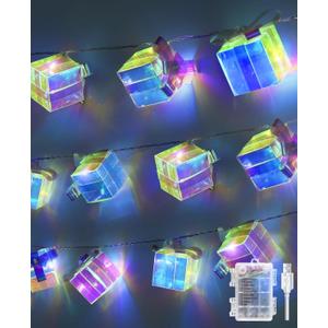 AceList Iridescent Gift Box String Lights Indoor 20 LED 9.84ft Holographic Lights with 8 Modes Battery & USB Powered Present Shape Fairy Lights for Birthday Christmas Wedding Decor