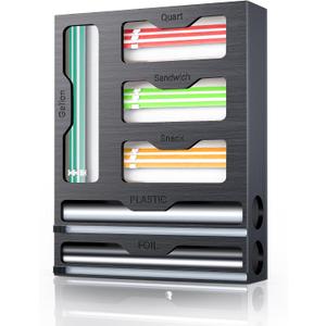 KOCWELL Bag Organizer & Plastic Wrap Dispenser with Cutter, 6 In 1 Bamboo Foil & Plastic Wrap Organizer for Kitchen, Food Storage Bag Organizer (Black)