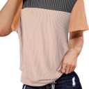 BLENCOT Women Tops Color Block Crewneck Casual Oversized Tshirts Knit Summer Tees Blouse S-2XL (Medium, Black Khaki)