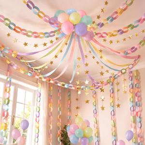 Gleebixi Pastel Birthday Party Decorations Kit with 492ft Crepe Paper Streamers, 300 Sheets Paper Chain Strips, 78.6ft Gold Star Garland and 30Pcs 12" Pastel Balloons for Hanging Decor