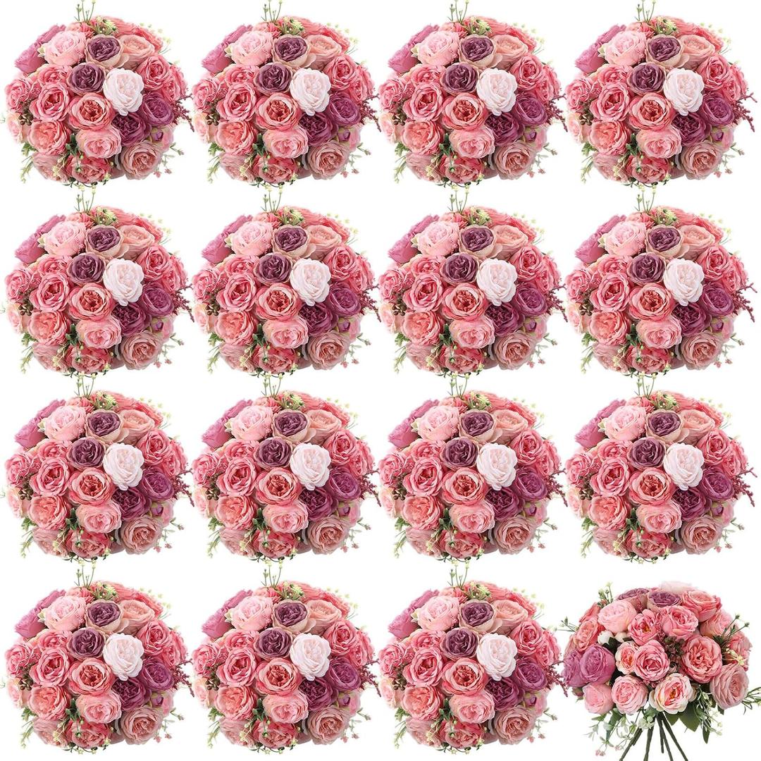 Geosar 16 Bundles Artificial Peonies Flowers Fake Silk Peony Bouquet Faux Peonies Flowers Bulk for Decoration Vase Floral Arrangements Wedding Party Table (Pink Lavender)