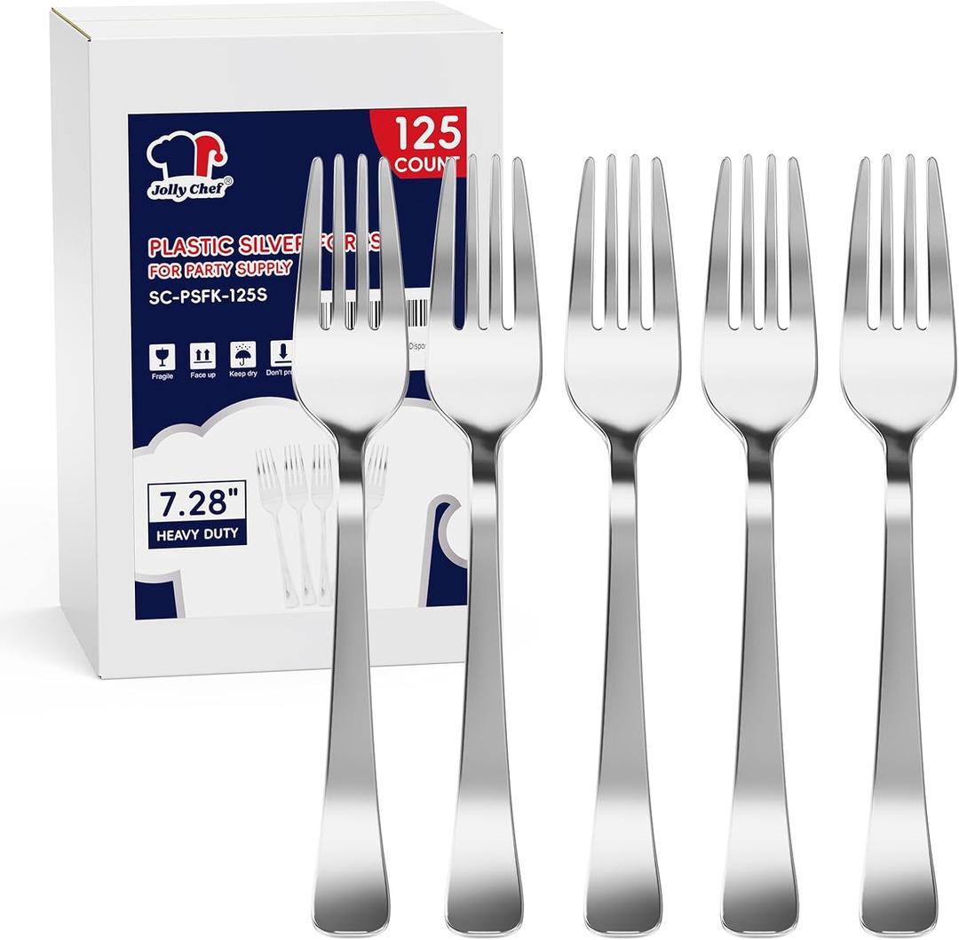 125 Count Silver Plastic Forks Heavy Duty, 7.28 Inch Forks Disposable Heat Resistant Durable Silver Plastic Disposable Utensils for Parties, Wedding, Daily Events