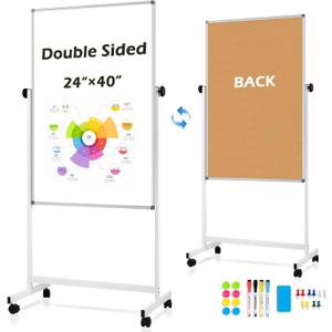 Rolling Whiteboard, 40" x 24" Magnetic Mobile White Board on Wheels, Double Sided, Height Adjustable Aluminum Frame Dry Erase Board Large Cork Bulletin Board for Office, Home, Classroom