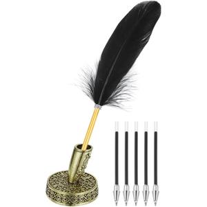 PATIKIL Black Feather Ballpoint Pens Bulk, Metal Holder Black Ink Vintage Quill Writing Pens with 5Pcs Refill for Office, Wedding Signature, Ancient Bronze