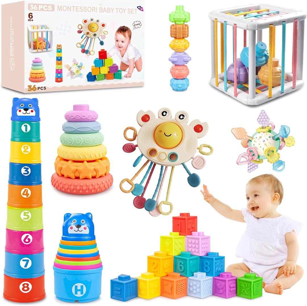 6 in1 Montessori Baby Toys 6-12 MonthsMontessori Toy for Babies 6-12 MonthsIncl 12pc Building Blocks &Silicone Pull String & Sensory Cube & Manhattan Ball& 2 Stacking Toys. Baby Development Toys