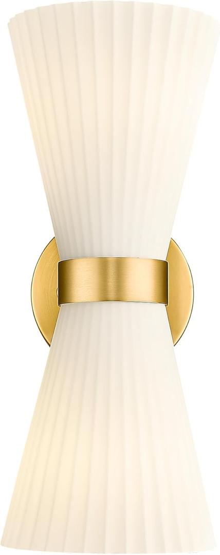 Gold Sconce Wall Lighting, HWH Single Wall Vanity Light Fixture Brushed Gold Wall Sconce Lamp, Modern Indoor Up Down Wall Light with Frosted Milk White Striped Glass Shade, 5HZG97B-2W BG