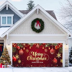 HOMETITUTE 16x7ft Christmas Garage Door Cover Merry Christmas and Happy New Year Banner Outdoor Holiday Hanging Large Red Christma Wall Backdrop for Yard Garage Door Decoration Winter Scene Mural