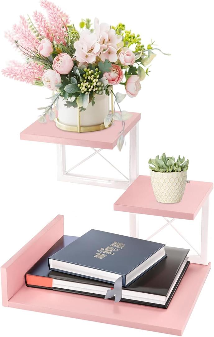 Jolitac Wood Desktop Shelf, Desktop Organizer Office Storage Rack Adjustable Wood Display Shelf 3 Tier Storage Display Rack Office Decor Stand Shelves with Metal Frame (Pink)