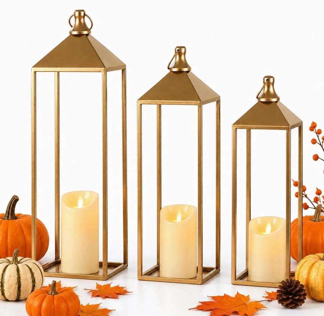 3 Pcs Large Gold Decorative Lanterns with Candles, Metal Candle Lantern