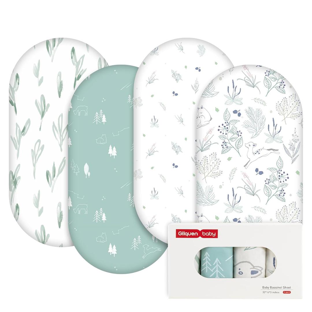 Gllquen Baby Bassinet Sheets 4 Pack, Breathable Cozy Fitted Mattress Sheet, Elastic Travel Crib Fashionable Pattern, Standard Cradle Safe Sheets for Baby Boys Girls 32"x16"(Forest Deer)