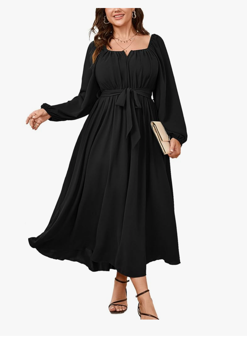 SCOMCHIC Women Plus Size Maxi Dress Long Sleeve Square Neck Wedding Guest Cocktail Belted Elegant Flowy A Line Long Dresses, Size - M