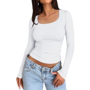 Trendy Queen Womens Long Sleeve Shirts Crop Tops Square Neck Going Out Basics Tees Y2K Winter Clothes 2025 (Small, White)