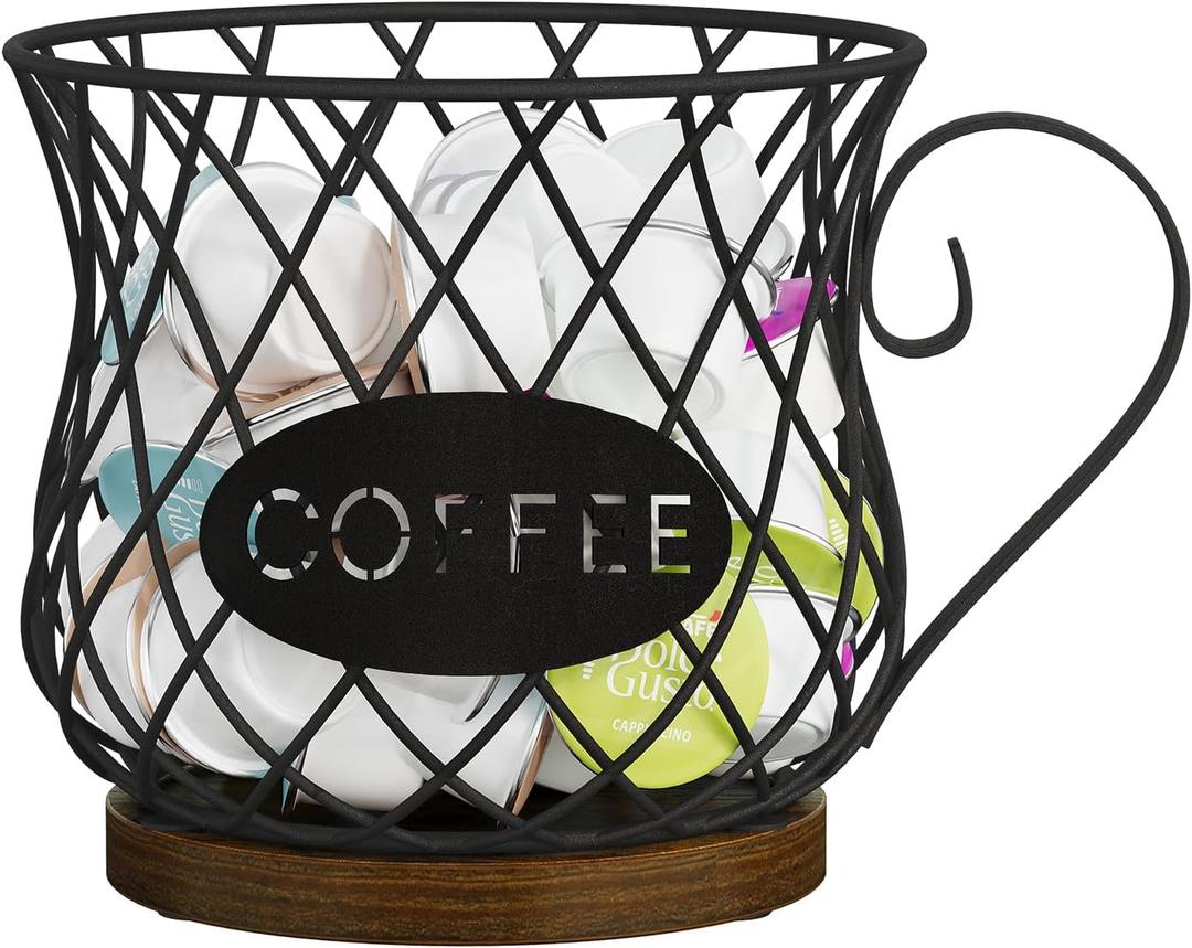 YINMIT K Cup Holder Organizer, Rustic Coffee Pod Holder Organizer, 35 Kcup Holder for Counter with HandleLarge Capacity Black Wire Coffee Capsule Basket for Kitchen Office Desktop (Circular Grid)