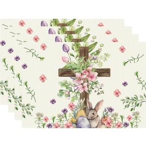 XCHI Watercolor Bunny Cross Colorful Eggs Flowers Leaves Rabbits Easter Placemats Set of 4 Table Mats for Masquerade Party Home Kitchen Dining Table Decorations 12x18 Inch