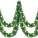 Kingdder 16.4 ft Christmas Tinsel Garland Lighted Metallic Twist Tree Decoration Prelit Battery Operated 50 LED Hanging Garland for Xmas New Year Home Outdoor Decor(Warm White, Green)