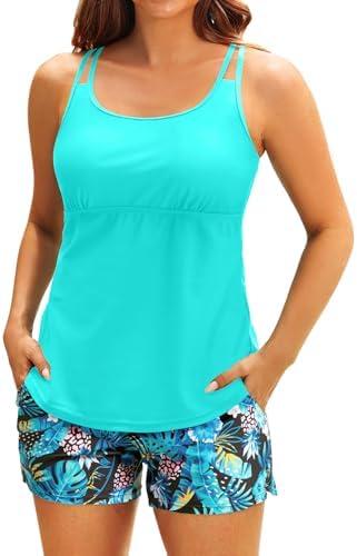 Tempt Me Two Piece Tankini Swimsuits for Women Tummy Control Bathing Suit with Shorts Athletic Two Side Pockets Swimwear, Size M