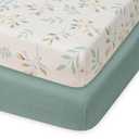Blissful Diary Muslin Mini Crib Sheets, Pack and Play Mattress Sheets Fitted for Pack N Play, Soft Cotton for Boys Girls, 2 Pack(Roman Green&Leaf)