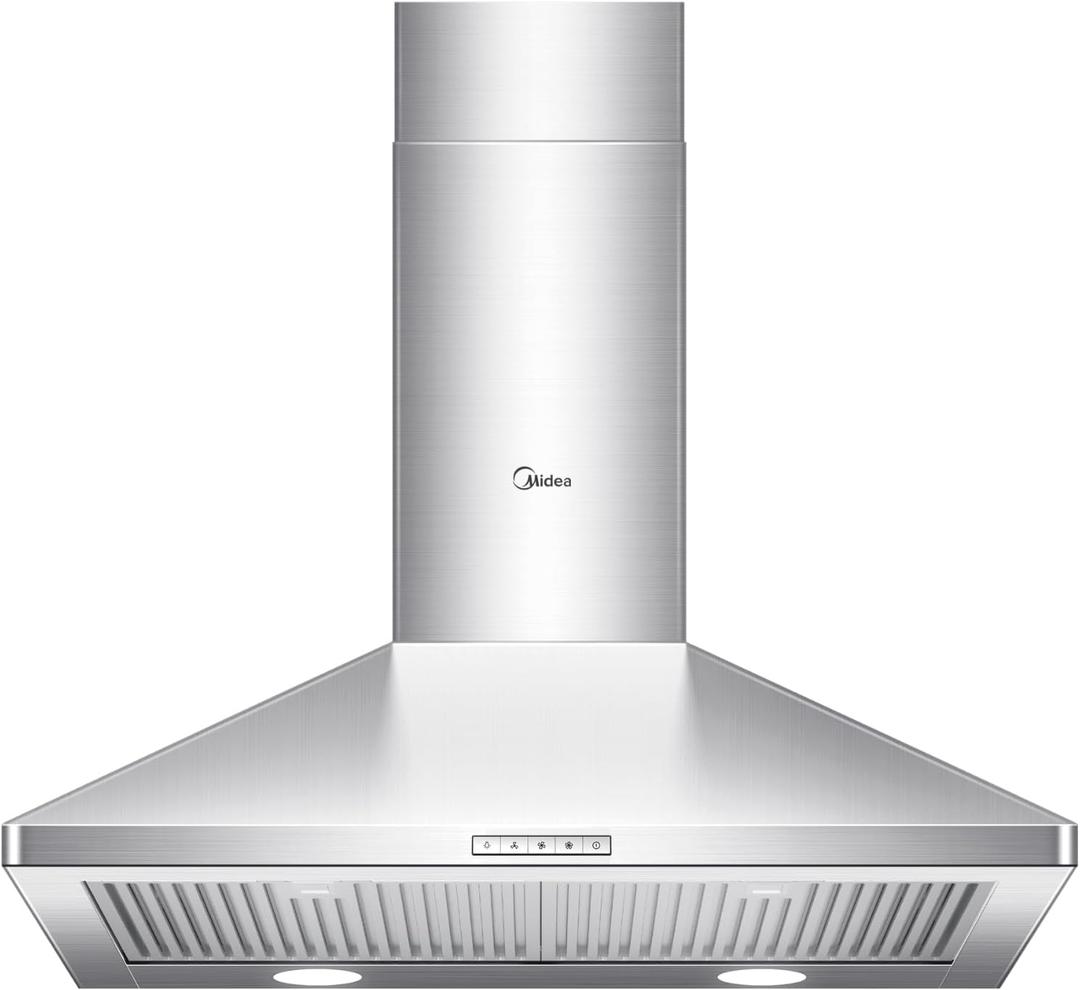 Midea MVP30W6AST Ducted Pyramid Range 450 CFM Stainless Steel Wall Mount Vent Hood with 3 Speed Exhaust Fan, 5-Layer Aluminum Permanent Filters, Two LED Lights, Convertible to Ductless, 30 inches