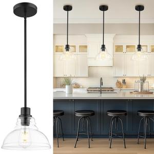 AUTELO Black Pendant Lights Kitchen Island, 1-Light Pendant Lights in Black Finish with Clear Drum Glass, Modern Pendant Light Fixtures, Hanging Lamp for Kitchen Island H2512 CLBK